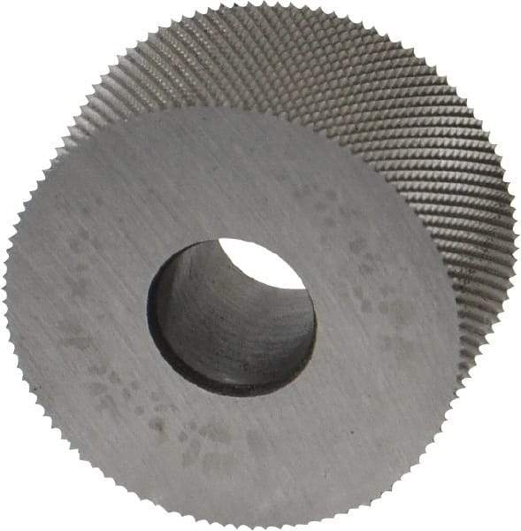 Made in USA - 3/4" Diam, 70° Tooth Angle, 50 TPI, Standard (Shape), Form Type High Speed Steel Male Diamond Knurl Wheel - 3/8" Face Width, 1/4" Hole, Circular Pitch, 30° Helix, Bright Finish, Series KP - Exact Industrial Supply