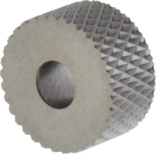 Made in USA - 3/4" Diam, 90° Tooth Angle, 16 TPI, Standard (Shape), Form Type High Speed Steel Female Diamond Knurl Wheel - 3/8" Face Width, 1/4" Hole, Circular Pitch, 30° Helix, Bright Finish, Series KP - Exact Industrial Supply