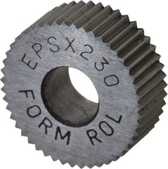 Made in USA - 1/2" Diam, 90° Tooth Angle, 30 TPI, Standard (Shape), Form Type Cobalt Straight Knurl Wheel - 3/16" Face Width, 3/16" Hole, Circular Pitch, Bright Finish, Series EP - Exact Industrial Supply