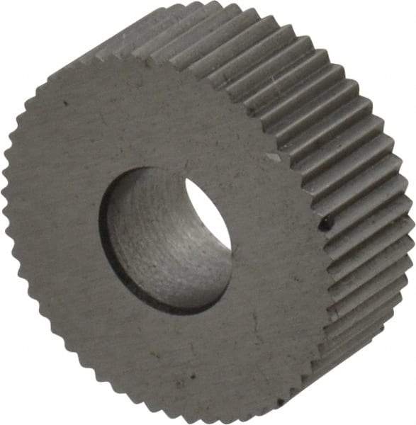 Made in USA - 1/2" Diam, 90° Tooth Angle, 35 TPI, Standard (Shape), Form Type Cobalt Straight Knurl Wheel - 3/16" Face Width, 3/16" Hole, Circular Pitch, Bright Finish, Series EP - Exact Industrial Supply