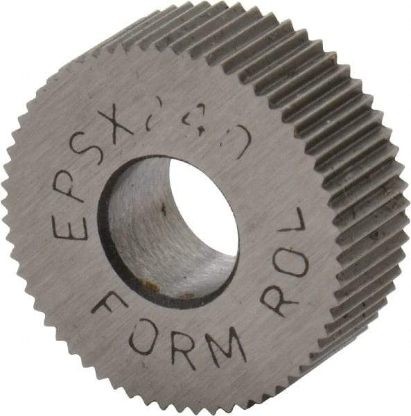 Made in USA - 1/2" Diam, 90° Tooth Angle, 40 TPI, Standard (Shape), Form Type Cobalt Straight Knurl Wheel - 3/16" Face Width, 3/16" Hole, Circular Pitch, Bright Finish, Series EP - Exact Industrial Supply