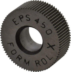 Made in USA - 1/2" Diam, 70° Tooth Angle, 50 TPI, Standard (Shape), Form Type Cobalt Straight Knurl Wheel - 3/16" Face Width, 3/16" Hole, Circular Pitch, Bright Finish, Series EP - Exact Industrial Supply