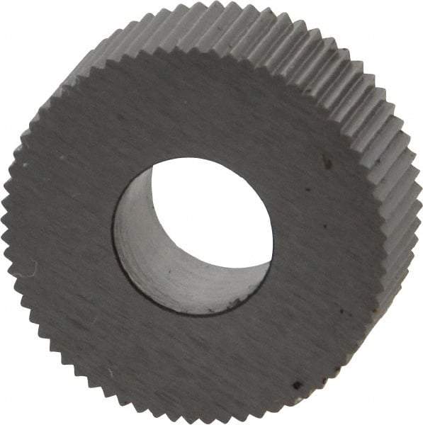 Made in USA - 5/8" Diam, 90° Tooth Angle, 35 TPI, Standard (Shape), Form Type Cobalt Straight Knurl Wheel - 1/4" Face Width, 1/4" Hole, Circular Pitch, Bright Finish, Series GK - Exact Industrial Supply