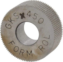 Made in USA - 5/8" Diam, 70° Tooth Angle, 50 TPI, Standard (Shape), Form Type Cobalt Straight Knurl Wheel - 1/4" Face Width, 1/4" Hole, Circular Pitch, Bright Finish, Series GK - Exact Industrial Supply