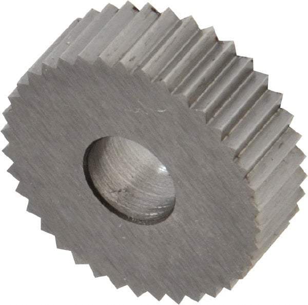 Made in USA - 3/4" Diam, 90° Tooth Angle, 16 TPI, Standard (Shape), Form Type Cobalt Straight Knurl Wheel - 1/4" Face Width, 1/4" Hole, Circular Pitch, Bright Finish, Series KN - Exact Industrial Supply
