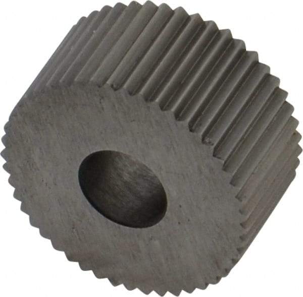 Made in USA - 3/4" Diam, 90° Tooth Angle, 20 TPI, Standard (Shape), Form Type Cobalt Straight Knurl Wheel - 3/8" Face Width, 1/4" Hole, Circular Pitch, Bright Finish, Series KP - Exact Industrial Supply