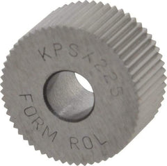 Made in USA - 3/4" Diam, 90° Tooth Angle, 25 TPI, Standard (Shape), Form Type Cobalt Straight Knurl Wheel - 3/8" Face Width, 1/4" Hole, Circular Pitch, Bright Finish, Series KP - Exact Industrial Supply