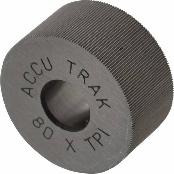 Made in USA - 3/4" Diam, 70° Tooth Angle, 80 TPI, Standard (Shape), Form Type Cobalt Straight Knurl Wheel - 3/8" Face Width, 1/4" Hole, Circular Pitch, Bright Finish, Series KP - Exact Industrial Supply