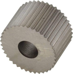 Made in USA - 3/4" Diam, 90° Tooth Angle, 16 TPI, Standard (Shape), Form Type High Speed Steel Straight Knurl Wheel - 1/2" Face Width, 1/4" Hole, Circular Pitch, Bright Finish, Series KR - Exact Industrial Supply