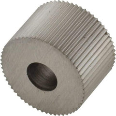 Made in USA - 3/4" Diam, 90° Tooth Angle, 25 TPI, Standard (Shape), Form Type High Speed Steel Straight Knurl Wheel - 1/2" Face Width, 1/4" Hole, Circular Pitch, Bright Finish, Series KR - Exact Industrial Supply