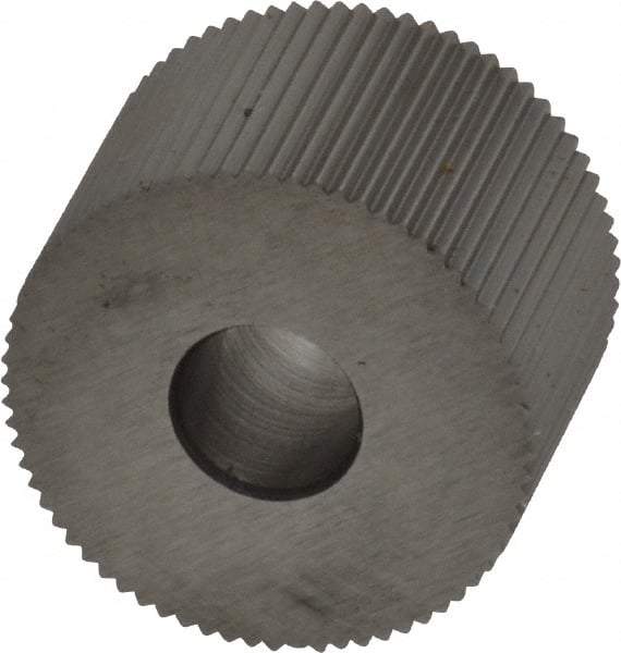 Made in USA - 3/4" Diam, 90° Tooth Angle, 30 TPI, Standard (Shape), Form Type High Speed Steel Straight Knurl Wheel - 1/2" Face Width, 1/4" Hole, Circular Pitch, Bright Finish, Series KR - Exact Industrial Supply