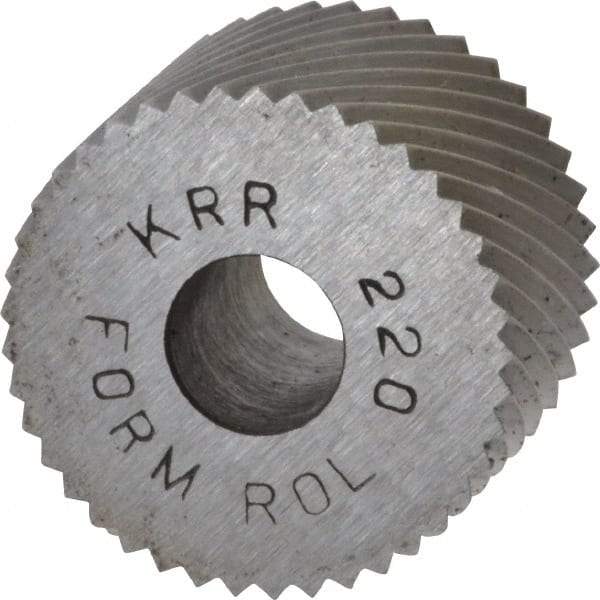 Made in USA - 3/4" Diam, 90° Tooth Angle, 20 TPI, Standard (Shape), Form Type High Speed Steel Right-Hand Diagonal Knurl Wheel - 1/2" Face Width, 1/4" Hole, Circular Pitch, 30° Helix, Bright Finish, Series KR - Exact Industrial Supply