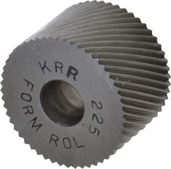 Made in USA - 3/4" Diam, 90° Tooth Angle, 25 TPI, Standard (Shape), Form Type High Speed Steel Right-Hand Diagonal Knurl Wheel - 1/2" Face Width, 1/4" Hole, Circular Pitch, 30° Helix, Bright Finish, Series KR - Exact Industrial Supply