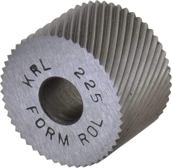 Made in USA - 3/4" Diam, 90° Tooth Angle, 25 TPI, Standard (Shape), Form Type High Speed Steel Left-Hand Diagonal Knurl Wheel - 1/2" Face Width, 1/4" Hole, Circular Pitch, 30° Helix, Bright Finish, Series KR - Exact Industrial Supply