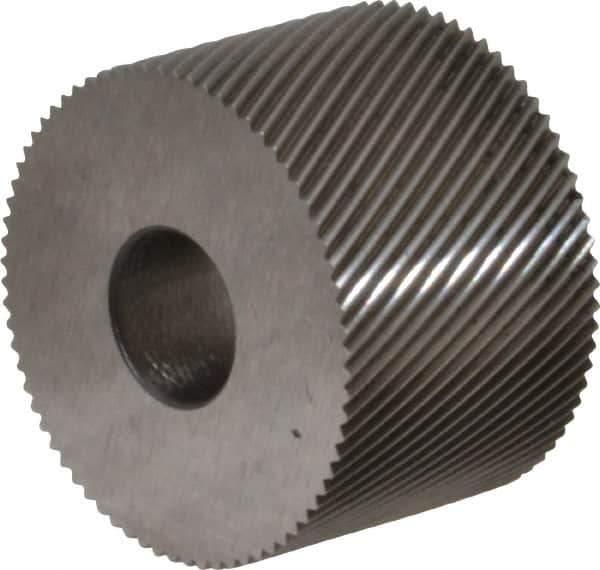 Made in USA - 3/4" Diam, 80° Tooth Angle, Standard (Shape), Form Type High Speed Steel Left-Hand Diagonal Knurl Wheel - 1/2" Face Width, 1/4" Hole, 96 Diametral Pitch, 30° Helix, Bright Finish, Series KR - Exact Industrial Supply