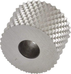 Made in USA - 3/4" Diam, 90° Tooth Angle, 16 TPI, Standard (Shape), Form Type High Speed Steel Male Diamond Knurl Wheel - 1/2" Face Width, 1/4" Hole, Circular Pitch, 30° Helix, Bright Finish, Series KR - Exact Industrial Supply