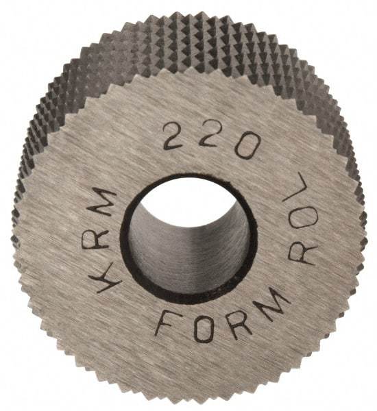 Made in USA - 3/4" Diam, 90° Tooth Angle, 20 TPI, Standard (Shape), Form Type High Speed Steel Male Diamond Knurl Wheel - 1/2" Face Width, 1/4" Hole, Circular Pitch, 30° Helix, Bright Finish, Series KR - Exact Industrial Supply