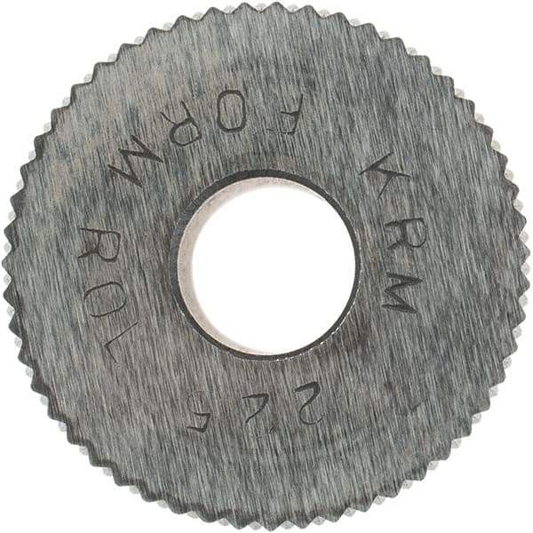 Made in USA - 3/4" Diam, 90° Tooth Angle, 25 TPI, Standard (Shape), Form Type High Speed Steel Male Diamond Knurl Wheel - 1/2" Face Width, 1/4" Hole, Circular Pitch, 30° Helix, Bright Finish, Series KR - Exact Industrial Supply
