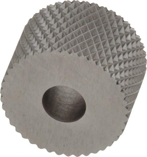 Made in USA - 3/4" Diam, 90° Tooth Angle, 20 TPI, Standard (Shape), Form Type High Speed Steel Female Diamond Knurl Wheel - 1/2" Face Width, 1/4" Hole, Circular Pitch, 30° Helix, Bright Finish, Series KR - Exact Industrial Supply