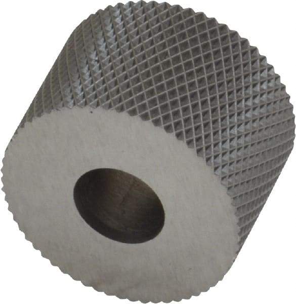 Made in USA - 3/4" Diam, 90° Tooth Angle, 30 TPI, Standard (Shape), Form Type High Speed Steel Female Diamond Knurl Wheel - 1/2" Face Width, 1/4" Hole, Circular Pitch, 30° Helix, Bright Finish, Series KR - Exact Industrial Supply