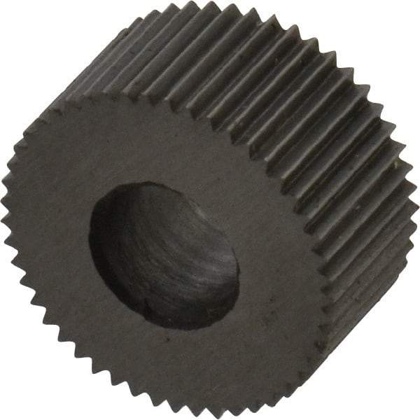 Made in USA - 5/16" Diam, 70° Tooth Angle, 50 TPI, Standard (Shape), Form Type High Speed Steel Straight Knurl Wheel - 5/32" Face Width, 1/8" Hole, Circular Pitch, Bright Finish, Series BP - Exact Industrial Supply
