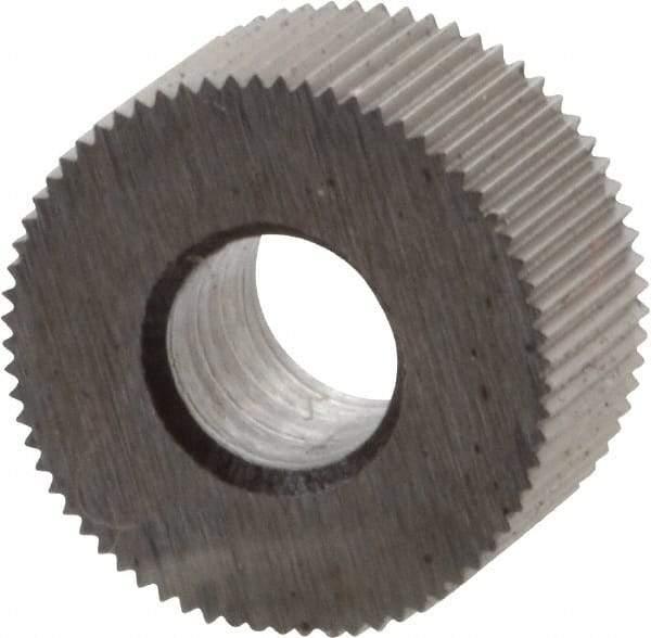 Made in USA - 5/16" Diam, 70° Tooth Angle, 70 TPI, Standard (Shape), Form Type High Speed Steel Straight Knurl Wheel - 5/32" Face Width, 1/8" Hole, Circular Pitch, Bright Finish, Series BP - Exact Industrial Supply