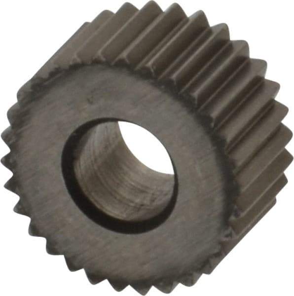 Made in USA - 5/16" Diam, 80° Tooth Angle, Standard (Shape), Form Type High Speed Steel Straight Knurl Wheel - 5/32" Face Width, 1/8" Hole, 96 Diametral Pitch, Bright Finish, Series BP - Exact Industrial Supply