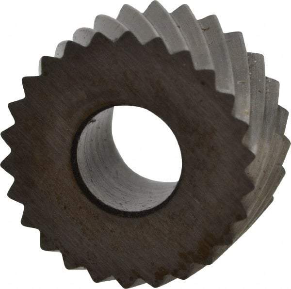 Made in USA - 5/16" Diam, 90° Tooth Angle, 30 TPI, Standard (Shape), Form Type Cobalt Left-Hand Diagonal Knurl Wheel - 5/32" Face Width, 1/8" Hole, Circular Pitch, 30° Helix, Bright Finish, Series BP - Exact Industrial Supply