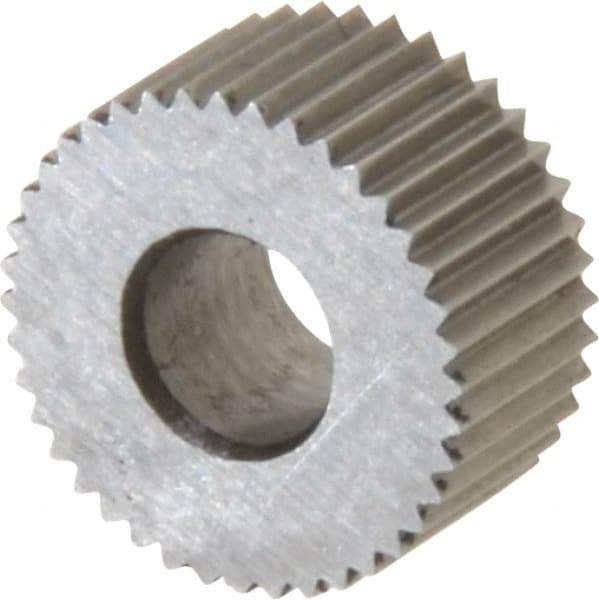 Made in USA - 5/16" Diam, 80° Tooth Angle, Standard (Shape), Form Type Cobalt Straight Knurl Wheel - 5/32" Face Width, 1/8" Hole, 128 Diametral Pitch, Bright Finish, Series BP - Exact Industrial Supply