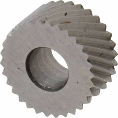 Made in USA - 5/16" Diam, 80° Tooth Angle, Standard (Shape), Form Type Cobalt Right-Hand Diagonal Knurl Wheel - 5/32" Face Width, 1/8" Hole, 96 Diametral Pitch, 30° Helix, Bright Finish, Series BP - Exact Industrial Supply