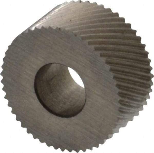Made in USA - 5/16" Diam, 80° Tooth Angle, Standard (Shape), Form Type Cobalt Right-Hand Diagonal Knurl Wheel - 5/32" Face Width, 1/8" Hole, 160 Diametral Pitch, 30° Helix, Bright Finish, Series BP - Exact Industrial Supply