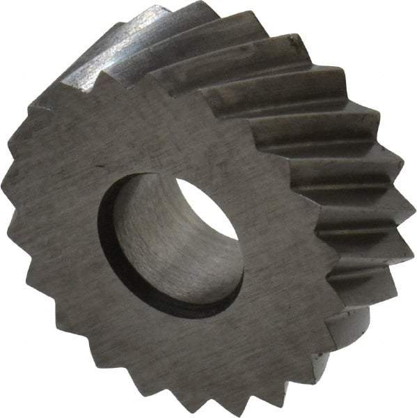 Made in USA - 1/2" Diam, 90° Tooth Angle, 16 TPI, Standard (Shape), Form Type High Speed Steel Right-Hand Diagonal Knurl Wheel - 3/16" Face Width, 3/16" Hole, Circular Pitch, 30° Helix, Bright Finish, Series EP - Exact Industrial Supply