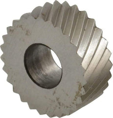 Made in USA - 5/8" Diam, 90° Tooth Angle, 16 TPI, Standard (Shape), Form Type High Speed Steel Left-Hand Diagonal Knurl Wheel - 1/4" Face Width, 1/4" Hole, Circular Pitch, 30° Helix, Bright Finish, Series GK - Exact Industrial Supply