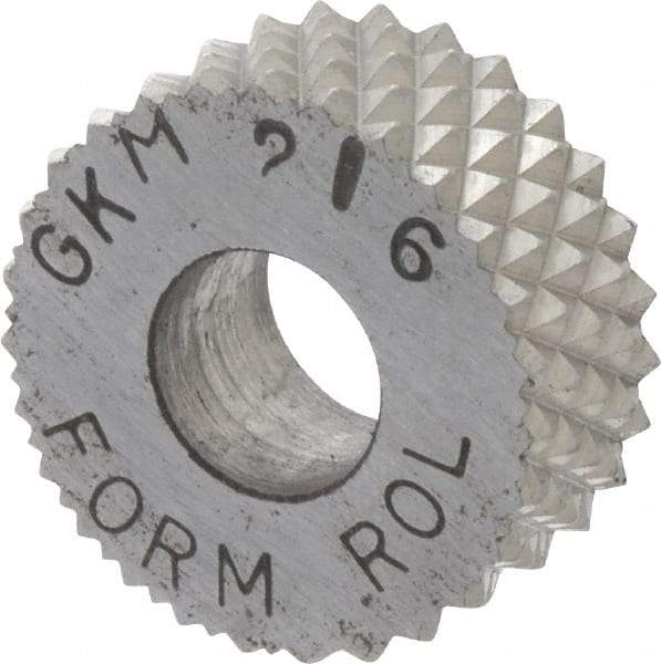 Made in USA - 5/8" Diam, 90° Tooth Angle, 16 TPI, Standard (Shape), Form Type High Speed Steel Male Diamond Knurl Wheel - 1/4" Face Width, 1/4" Hole, Circular Pitch, 30° Helix, Bright Finish, Series GK - Exact Industrial Supply