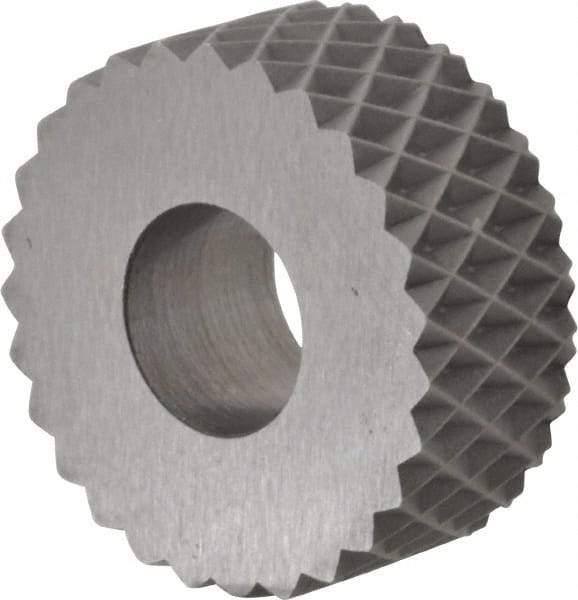 Made in USA - 5/8" Diam, 90° Tooth Angle, 16 TPI, Standard (Shape), Form Type High Speed Steel Female Diamond Knurl Wheel - 1/4" Face Width, 1/4" Hole, Circular Pitch, 30° Helix, Bright Finish, Series GK - Exact Industrial Supply
