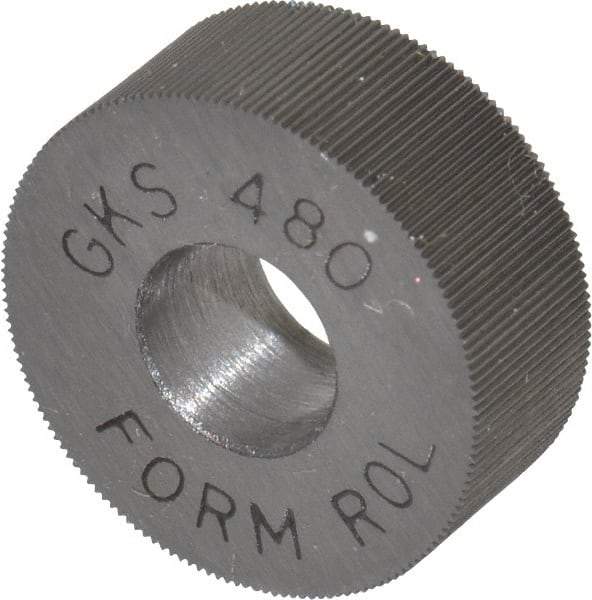 Made in USA - 5/8" Diam, 70° Tooth Angle, 80 TPI, Standard (Shape), Form Type High Speed Steel Straight Knurl Wheel - 1/4" Face Width, 1/4" Hole, Circular Pitch, Bright Finish, Series GK - Exact Industrial Supply