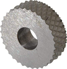 Made in USA - 3/4" Diam, 90° Tooth Angle, 16 TPI, Standard (Shape), Form Type High Speed Steel Male Diamond Knurl Wheel - 1/4" Face Width, 1/4" Hole, Circular Pitch, 30° Helix, Bright Finish, Series KN - Exact Industrial Supply