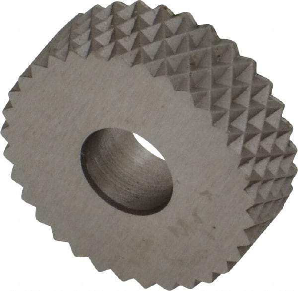 Made in USA - 3/4" Diam, 90° Tooth Angle, 16 TPI, Standard (Shape), Form Type High Speed Steel Female Diamond Knurl Wheel - 1/4" Face Width, 1/4" Hole, Circular Pitch, 30° Helix, Bright Finish, Series KN - Exact Industrial Supply