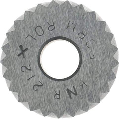 Made in USA - 3/4" Diam, 90° Tooth Angle, 12 TPI, Standard (Shape), Form Type Cobalt Right-Hand Diagonal Knurl Wheel - 1/4" Face Width, 1/4" Hole, Circular Pitch, 30° Helix, Bright Finish, Series KN - Exact Industrial Supply