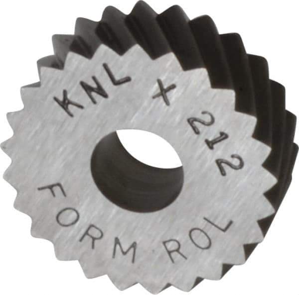 Made in USA - 3/4" Diam, 90° Tooth Angle, 12 TPI, Standard (Shape), Form Type Cobalt Left-Hand Diagonal Knurl Wheel - 1/4" Face Width, 1/4" Hole, Circular Pitch, 30° Helix, Bright Finish, Series KN - Exact Industrial Supply