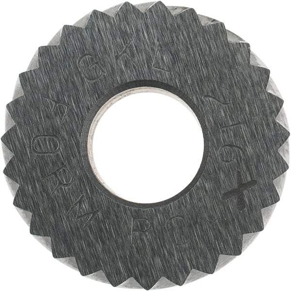 Made in USA - 5/8" Diam, 90° Tooth Angle, 16 TPI, Standard (Shape), Form Type Cobalt Left-Hand Diagonal Knurl Wheel - 1/4" Face Width, 1/4" Hole, Circular Pitch, 30° Helix, Bright Finish, Series GK - Exact Industrial Supply
