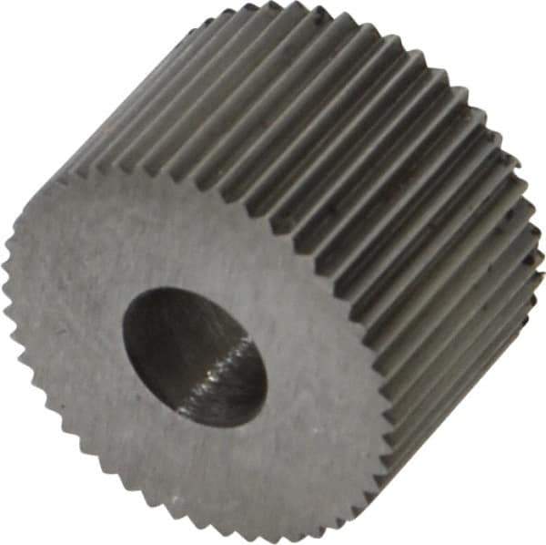 Made in USA - 3/4" Diam, 80° Tooth Angle, Standard (Shape), Form Type High Speed Steel Straight Knurl Wheel - 1/2" Face Width, 1/4" Hole, 64 Diametral Pitch, Bright Finish, Series KR - Exact Industrial Supply