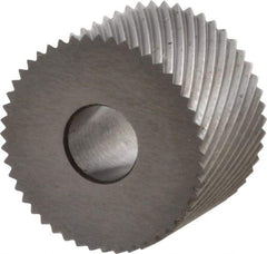 Made in USA - 3/4" Diam, 80° Tooth Angle, Standard (Shape), Form Type High Speed Steel Left-Hand Diagonal Knurl Wheel - 1/2" Face Width, 1/4" Hole, 64 Diametral Pitch, 30° Helix, Bright Finish, Series KR - Exact Industrial Supply