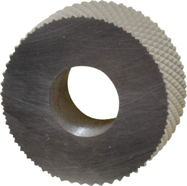 Made in USA - 1-1/4" Diam, 90° Tooth Angle, 16 TPI, Standard (Shape), Form Type High Speed Steel Male Diamond Knurl Wheel - 1/2" Face Width, 1/2" Hole, Circular Pitch, 30° Helix, Bright Finish, Series PH - Exact Industrial Supply