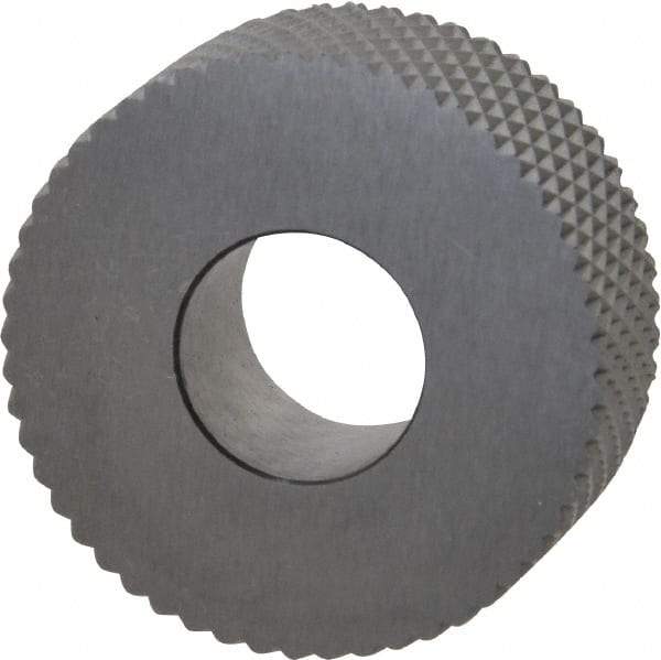Made in USA - 1-1/4" Diam, 90° Tooth Angle, 16 TPI, Standard (Shape), Form Type High Speed Steel Female Diamond Knurl Wheel - 1/2" Face Width, 1/2" Hole, Circular Pitch, 30° Helix, Bright Finish, Series PH - Exact Industrial Supply