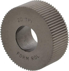 Made in USA - 1-1/4" Diam, 90° Tooth Angle, 20 TPI, Standard (Shape), Form Type High Speed Steel Straight Knurl Wheel - 1/2" Face Width, 1/2" Hole, Circular Pitch, Bright Finish, Series PH - Exact Industrial Supply