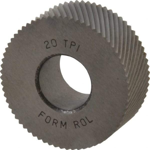 Made in USA - 1-1/4" Diam, 90° Tooth Angle, 20 TPI, Standard (Shape), Form Type High Speed Steel Left-Hand Diagonal Knurl Wheel - 1/2" Face Width, 1/2" Hole, Circular Pitch, 30° Helix, Bright Finish, Series PH - Exact Industrial Supply