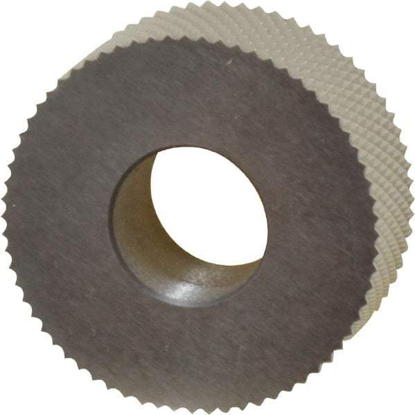 Made in USA - 1-1/4" Diam, 90° Tooth Angle, 20 TPI, Standard (Shape), Form Type High Speed Steel Male Diamond Knurl Wheel - 1/2" Face Width, 1/2" Hole, Circular Pitch, 30° Helix, Bright Finish, Series PH - Exact Industrial Supply