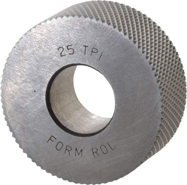 Made in USA - 1-1/4" Diam, 90° Tooth Angle, 25 TPI, Standard (Shape), Form Type High Speed Steel Female Diamond Knurl Wheel - 1/2" Face Width, 1/2" Hole, Circular Pitch, 30° Helix, Bright Finish, Series PH - Exact Industrial Supply