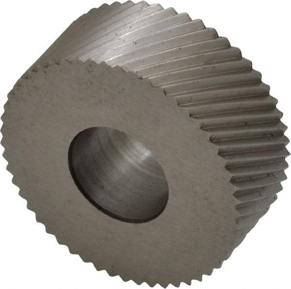 Made in USA - 1-1/4" Diam, 90° Tooth Angle, 16 TPI, Standard (Shape), Form Type Cobalt Right-Hand Diagonal Knurl Wheel - 1/2" Face Width, 1/2" Hole, Circular Pitch, 30° Helix, Bright Finish, Series PH - Exact Industrial Supply